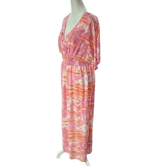 KNOX ROSE Maxi Dress V Neck Short Sleeve Side Slits Tie Dye Pink M 81-30 - Picture 5 of 13